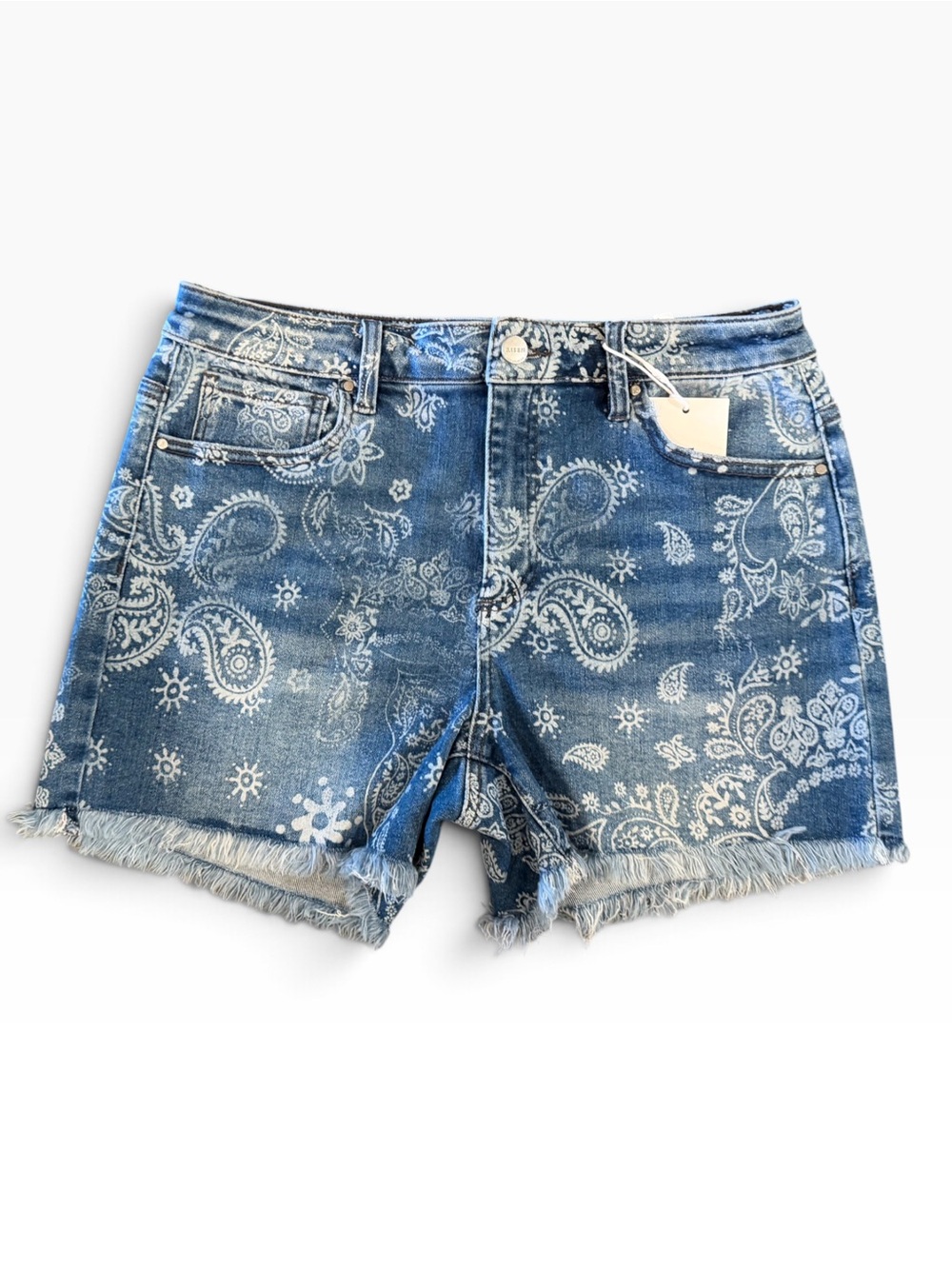 Women’s Blue Paisley Print Denim Shorts with Frayed Hem
